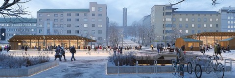Arkkitehdit Tommila Oy:n havainnekuvassa talvisella torilla luistellaan