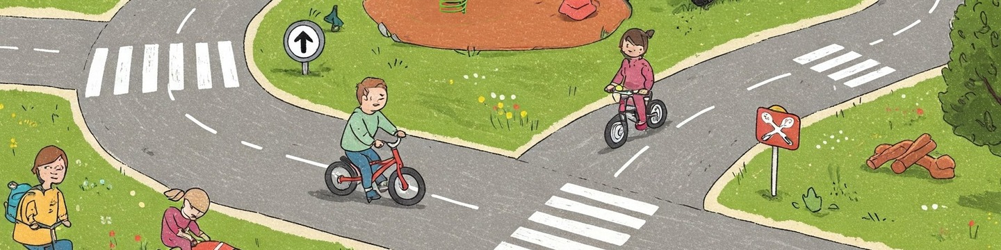 Piirretyssä kuvassa lapset leikkivät lasten liikennekaupungissa. Pienet kadut mutkittelevat vehreässä maisemassa. Liukumäet muistuttavat Lahden hyppyrimäkiä. Miljöö on miniversio Lahden kaupungista.