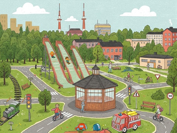 Piirretyssä kuvassa lapset leikkivät lasten liikennekaupungissa. Pienet kadut mutkittelevat vehreässä maisemassa. Liukumäet muistuttavat Lahden hyppyrimäkiä. Miljöö on miniversio Lahden kaupungista.